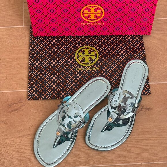 Tory Burch Miller Mirrored Metallic Teal Sandal - Picture 2 of 14